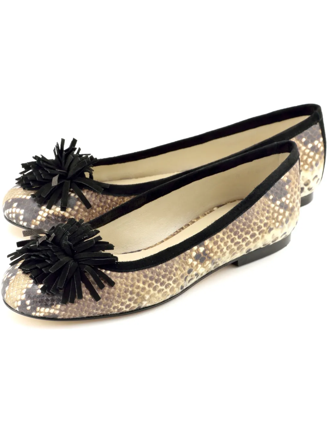 Damskie Amante baleriny skora z printem pytona i czarna kudlata zamszowa ozdoba