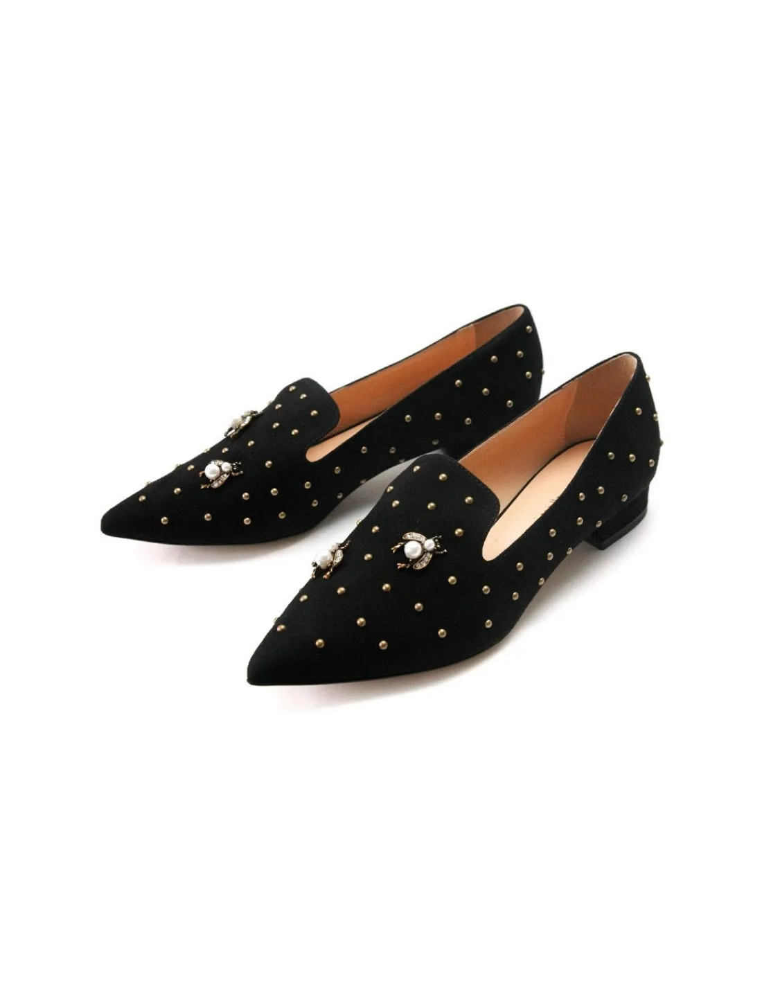 Damskie Anna Pollen czarne loaufers skora naturalna, zamszowe z bizuteria