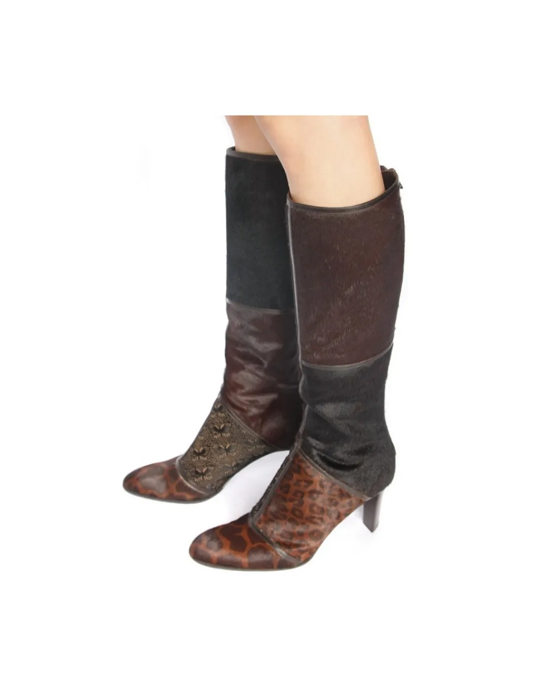 Damskie Antonio Barbato kozaki na obcasach z naturalnej skory brazowej z zachowanym wlosiem, jak patchwork