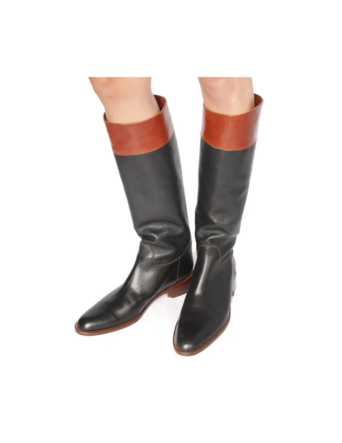 Damskie Antonio Barbato kozaki oficerki w calosci z naturalnych skor, czarne z brazowym otokiem, szlachetna klasyka