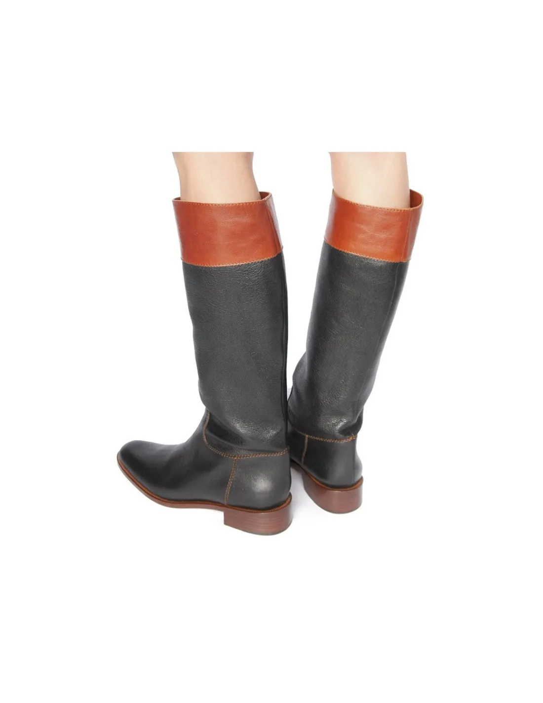 Damskie Antonio Barbato kozaki oficerki w calosci z naturalnych skor, czarne z brazowym otokiem, szlachetna klasyka