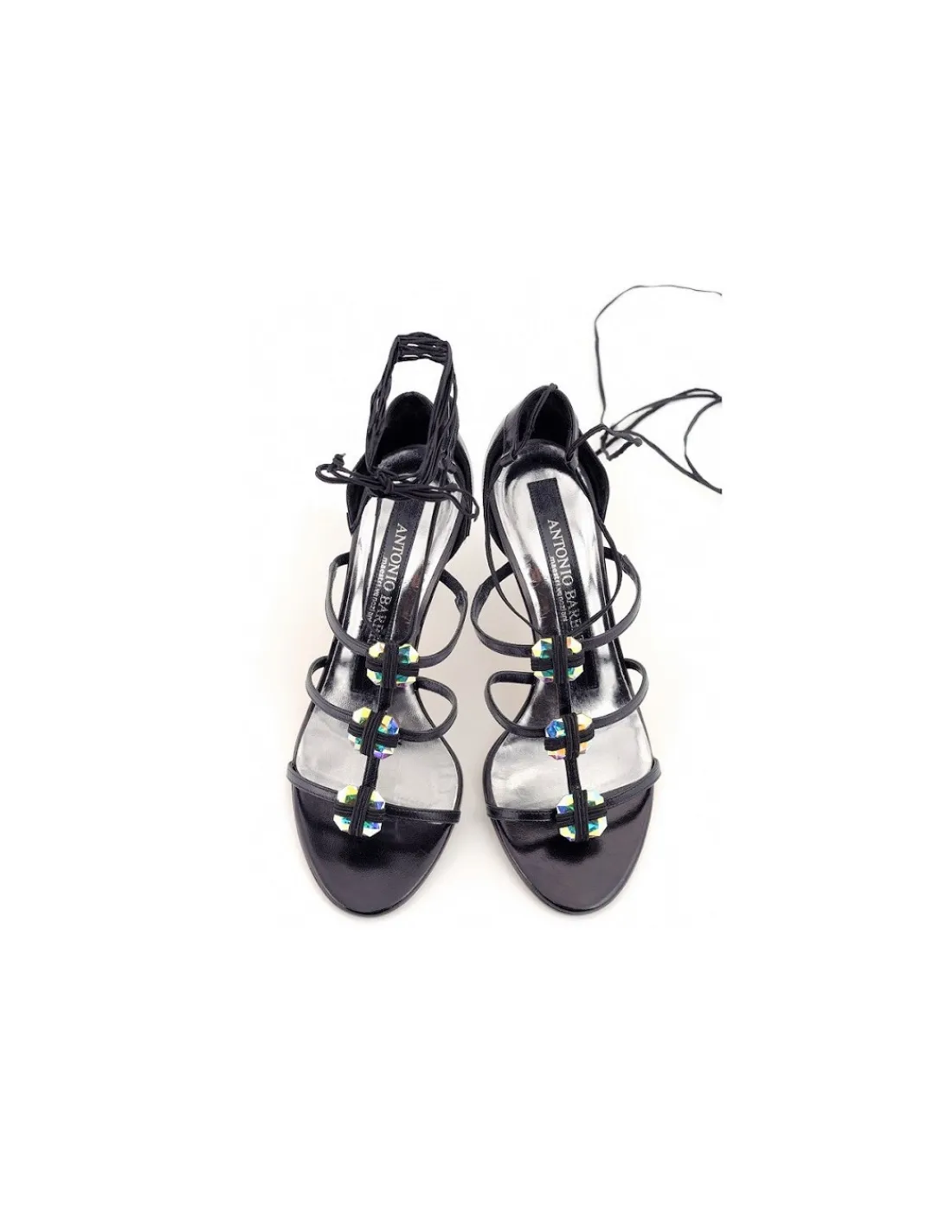 Damskie Antonio Barbato sandaly wizytowe, unikatowe, autorskie ze skory wiazane nad kostka, wysokie obcasy, krysztaly od Swarovski