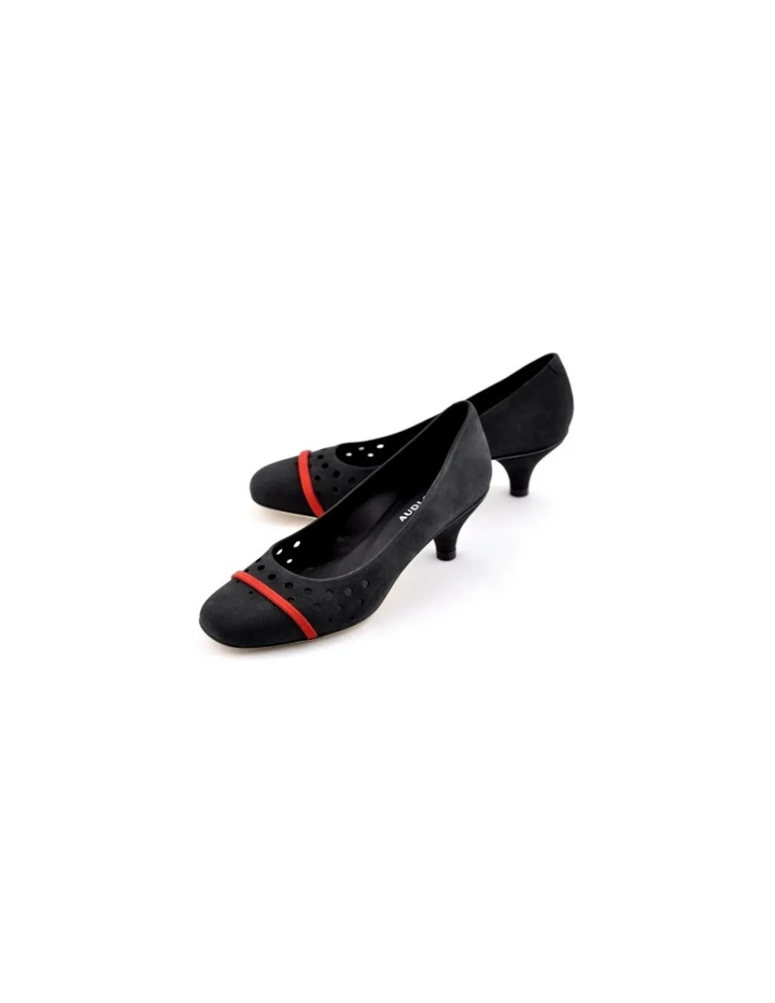 Damskie Audley czolenka z azurem naturalna czarna skora z czerwonym paseczkiem, obcasy kaczuszki