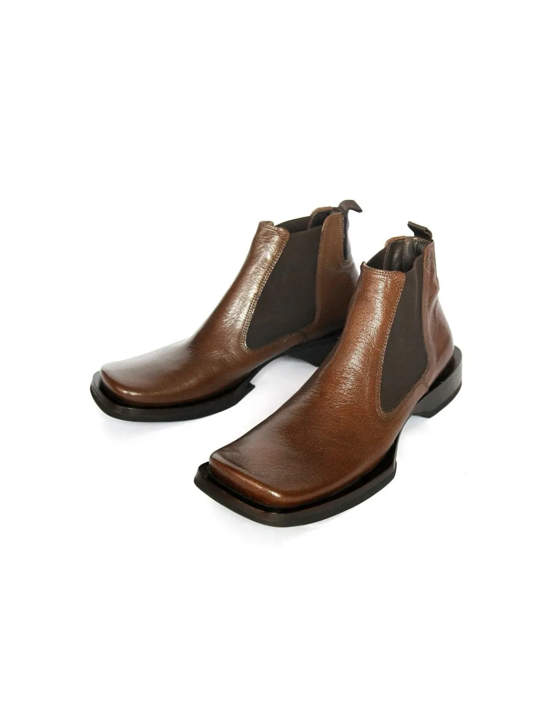 Męskie Avantgarda sztyblety, chelsea boots w calosci skorzane, brazowe o szerokich kwadratowych noskach