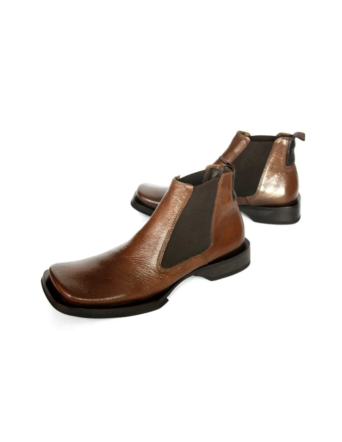 Męskie Avantgarda sztyblety, chelsea boots w calosci skorzane, brazowe o szerokich kwadratowych noskach