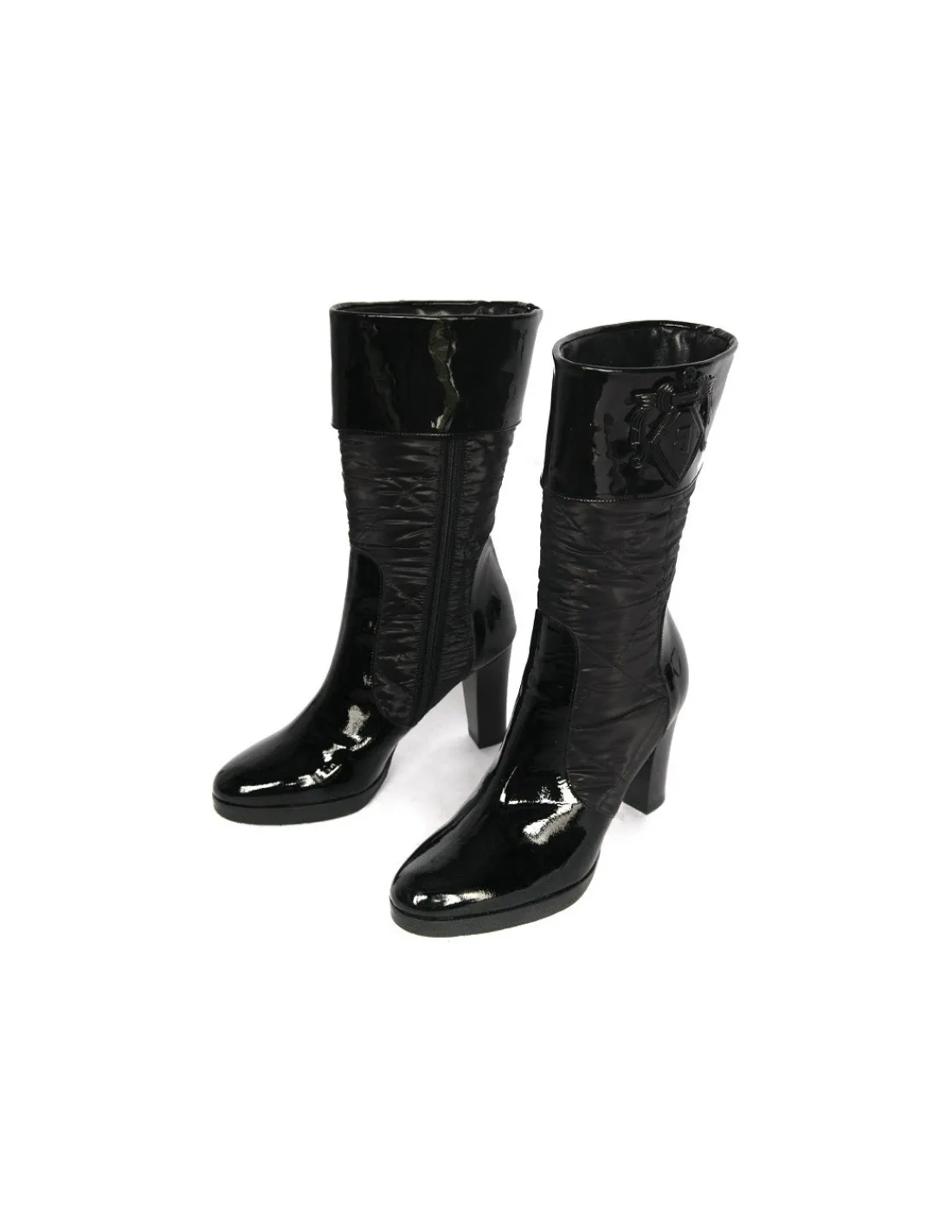 Damskie Baldinini botki z lakierowanej naturalnej skory i pikowanej tkaniny na obcasach i z platforma