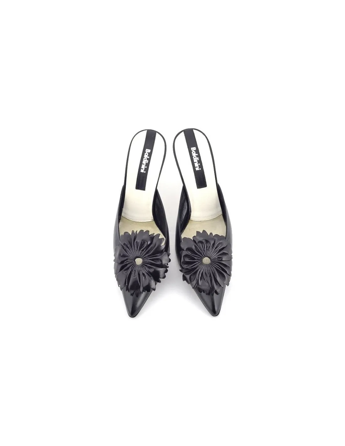 Damskie Baldinini sandaly klapki, mules skorzane na komfortowych szpilkach, czarne okazjonalne z kwiatem