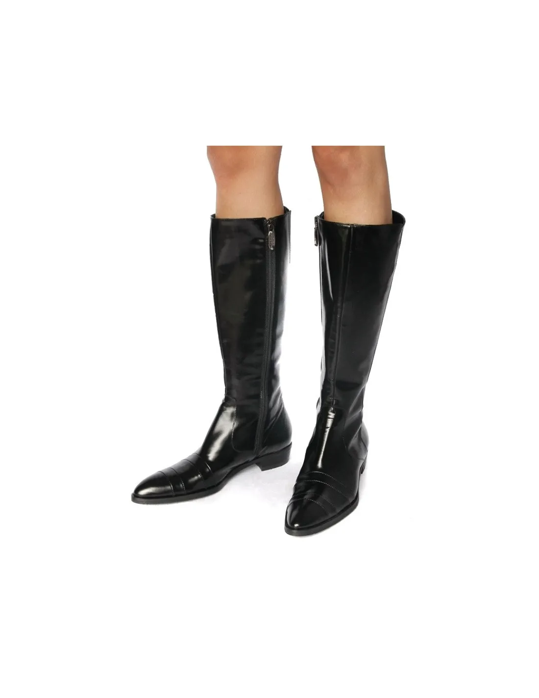 Damskie Baldinini kozaki, oficerki z czarnej polerowanej skory z noskiem w szpic, cholewka taliowana