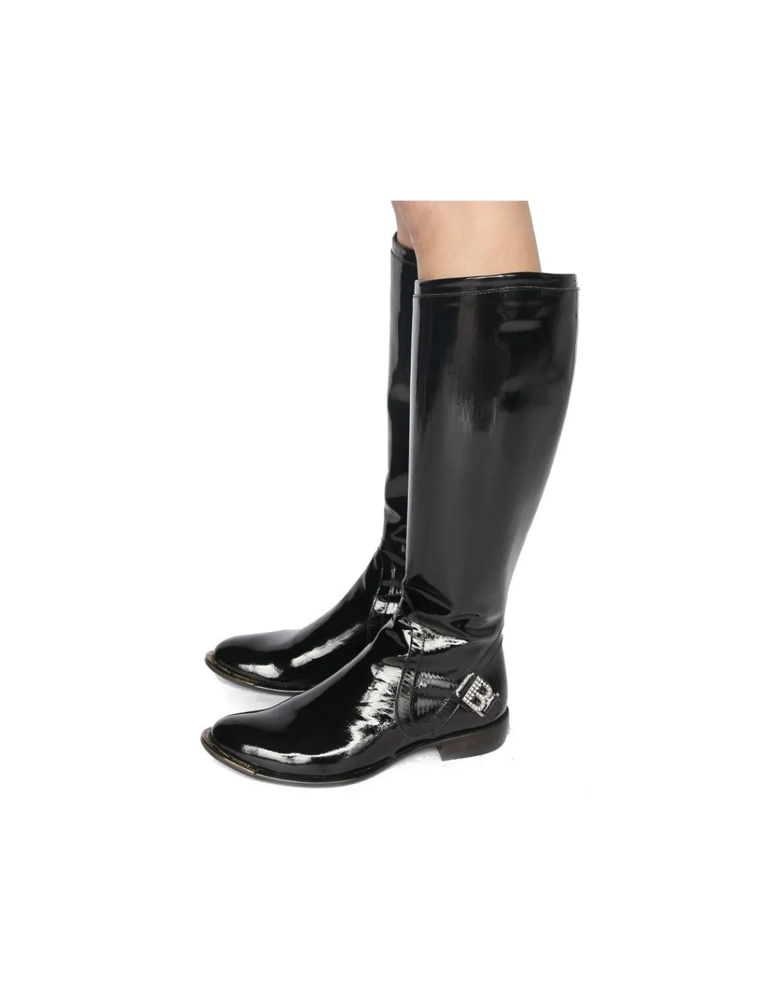 Damskie Baldinini kozaki, oficerki z naturalnej lakierowanej czarnej skory ze struktura i ozdobne logo marki