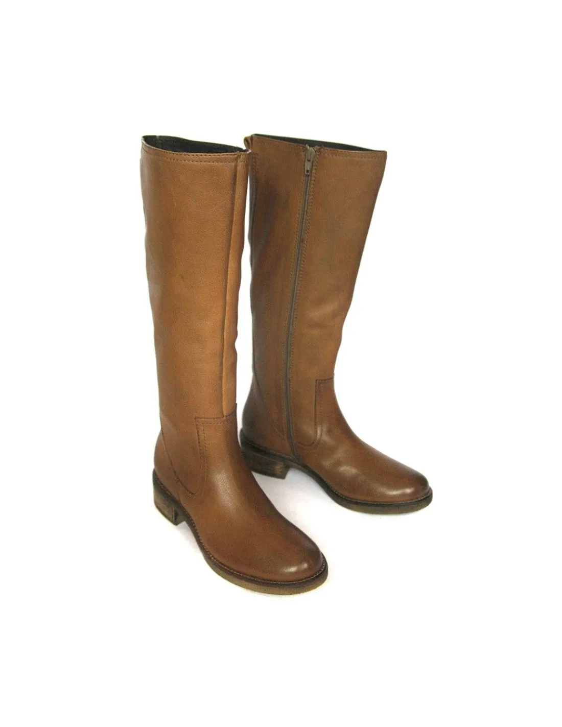 Damskie Bruno Premi kozaki skorzane jasno brazowe, plaskie obcasy z kauczukiem i zamek