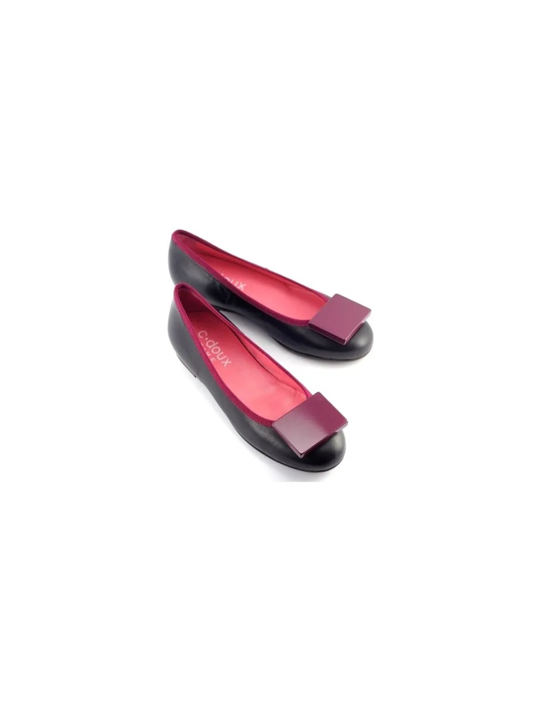 Damskie C.doux c. DOUX baleriny czarne skorzane, ukryty koturn oraz bordowa geometryczna ozdoba