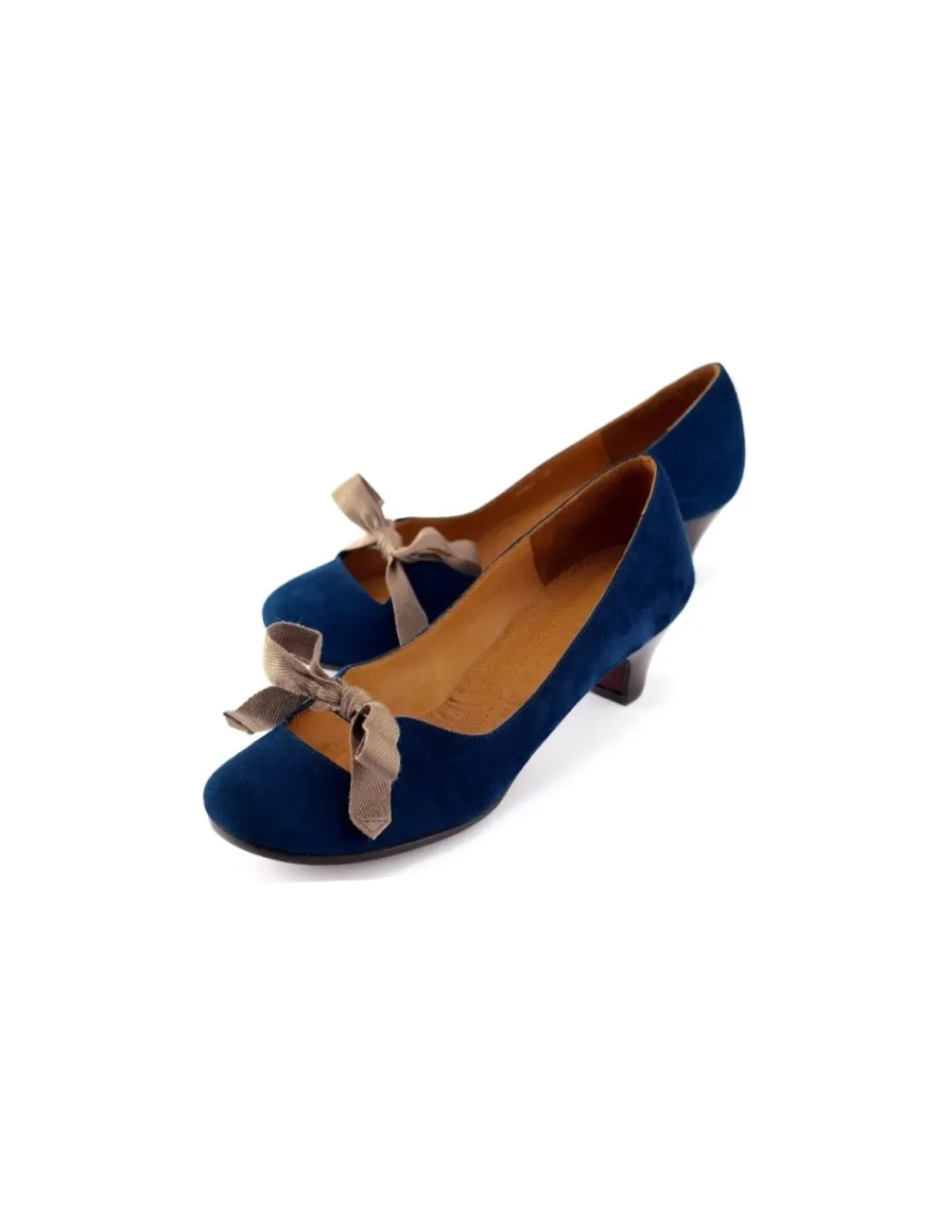 Damskie Chie Mihara granatowe zamszowe czolenka na kaczuszkach z ozdobna kokardka