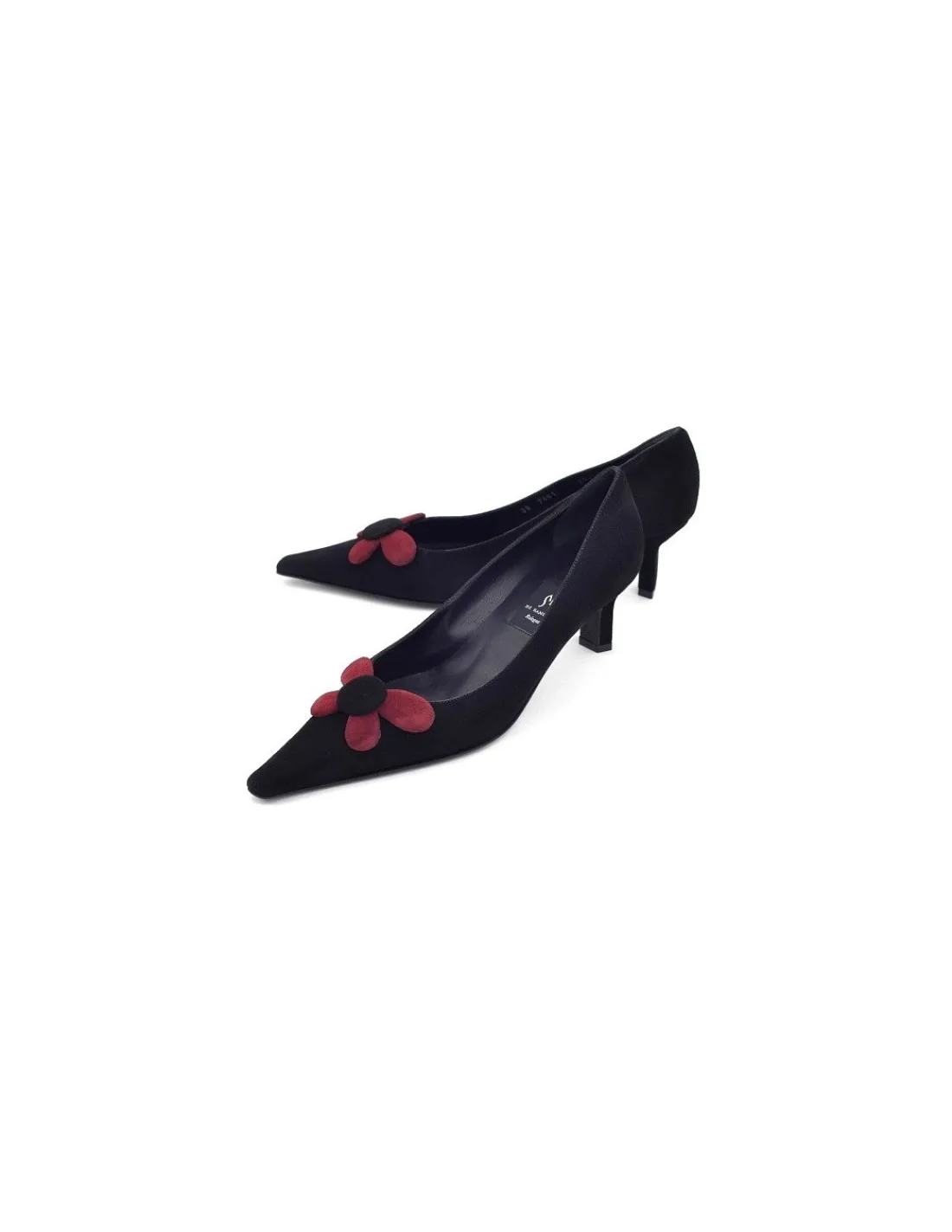 Damskie Di Sandro czolenka na niskich obcasach z czarnego zamszu z kwiatem