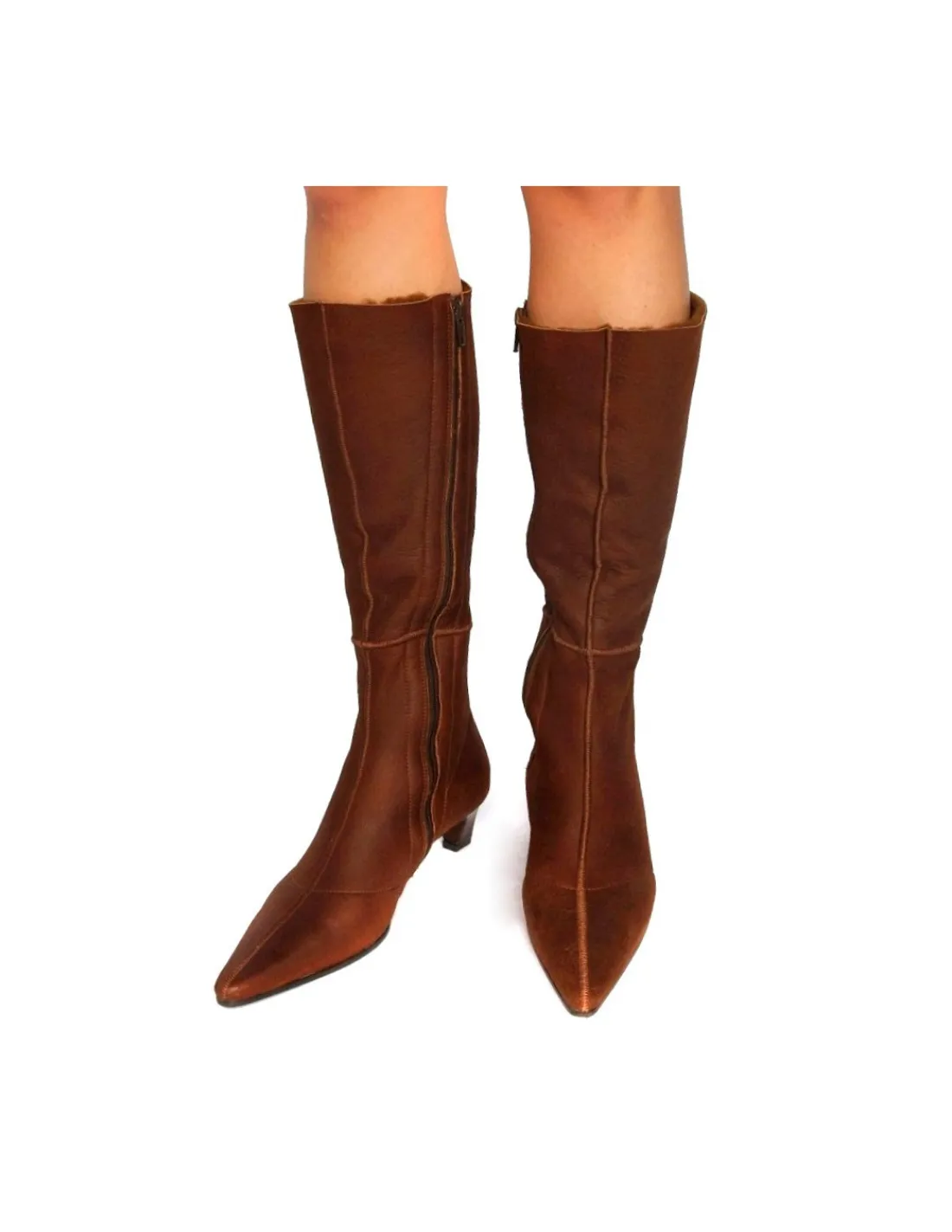 Damskie Enrico Antinori kozaki z zamkiem, z noskiem w szpic, taliowane z naturalnej skory- brazowy kozuch