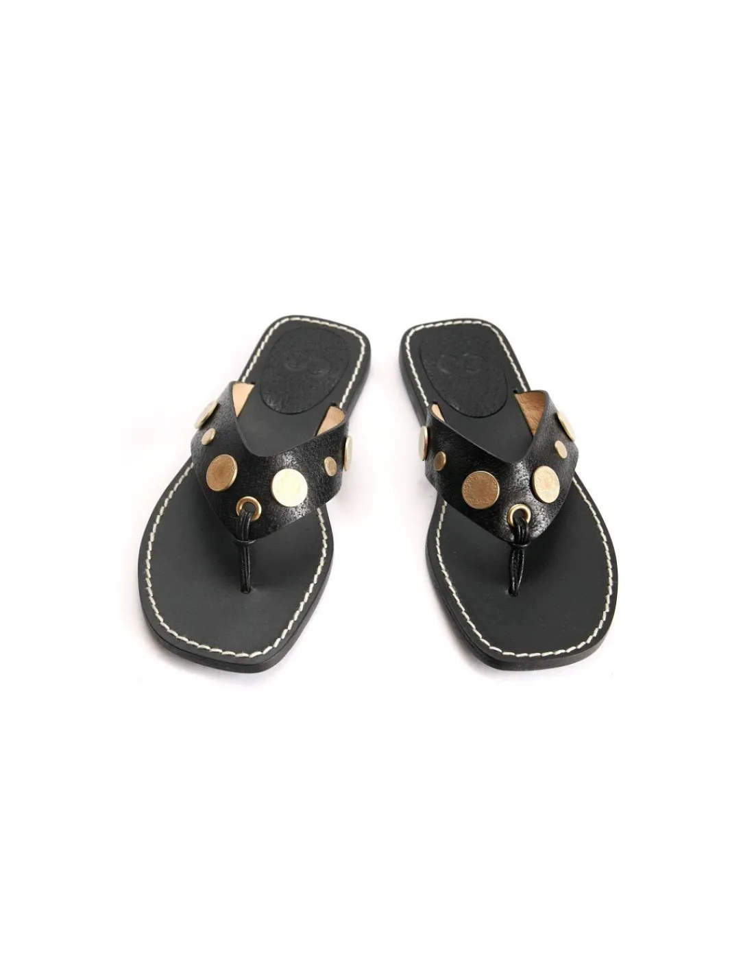 Damskie Escada sport sandaly, japonki w calosci z naturalnej czarnej skory i zlote ozdobne monety