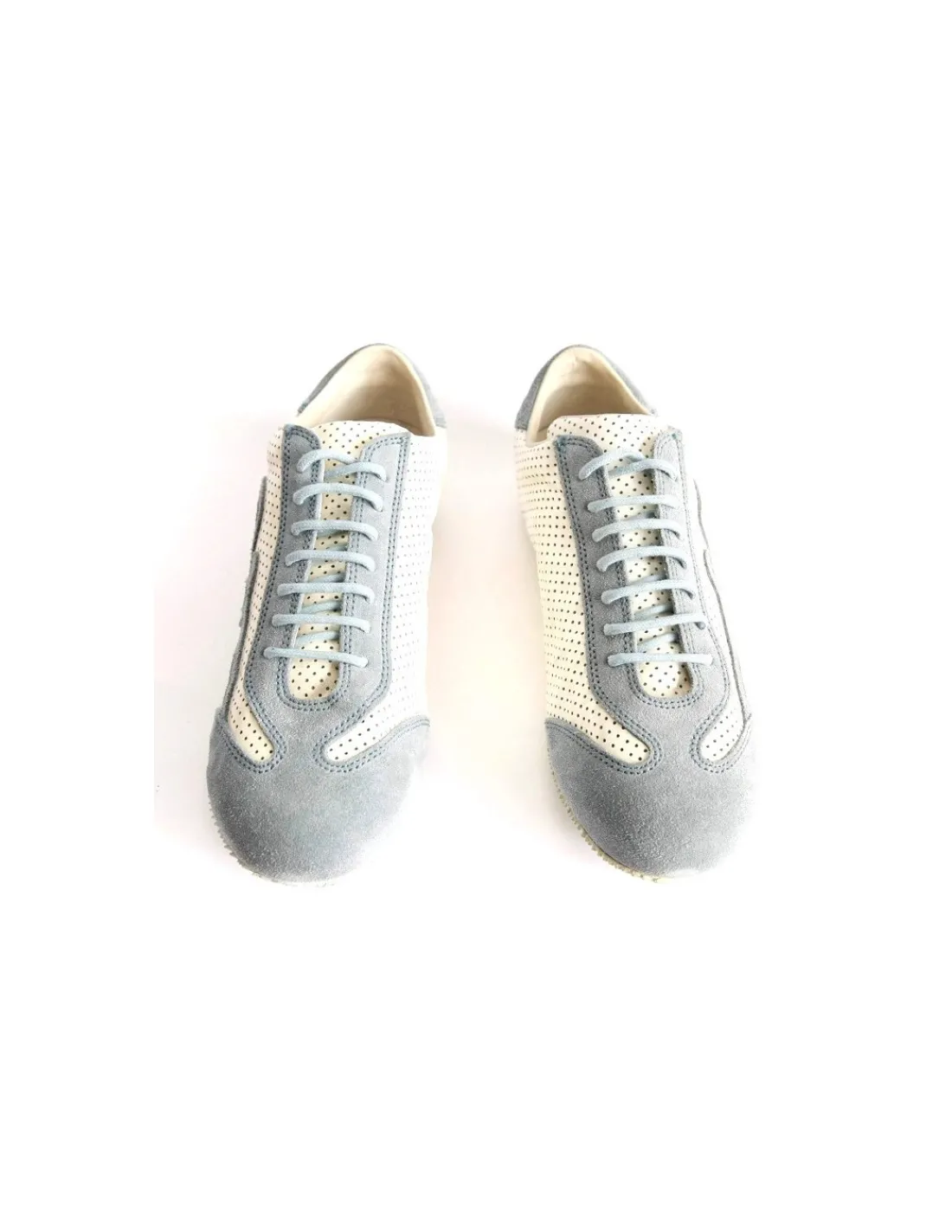 Damskie Escada sport sneakers skora lakierowana perforowana biala i blekitny zamsz z logo marki