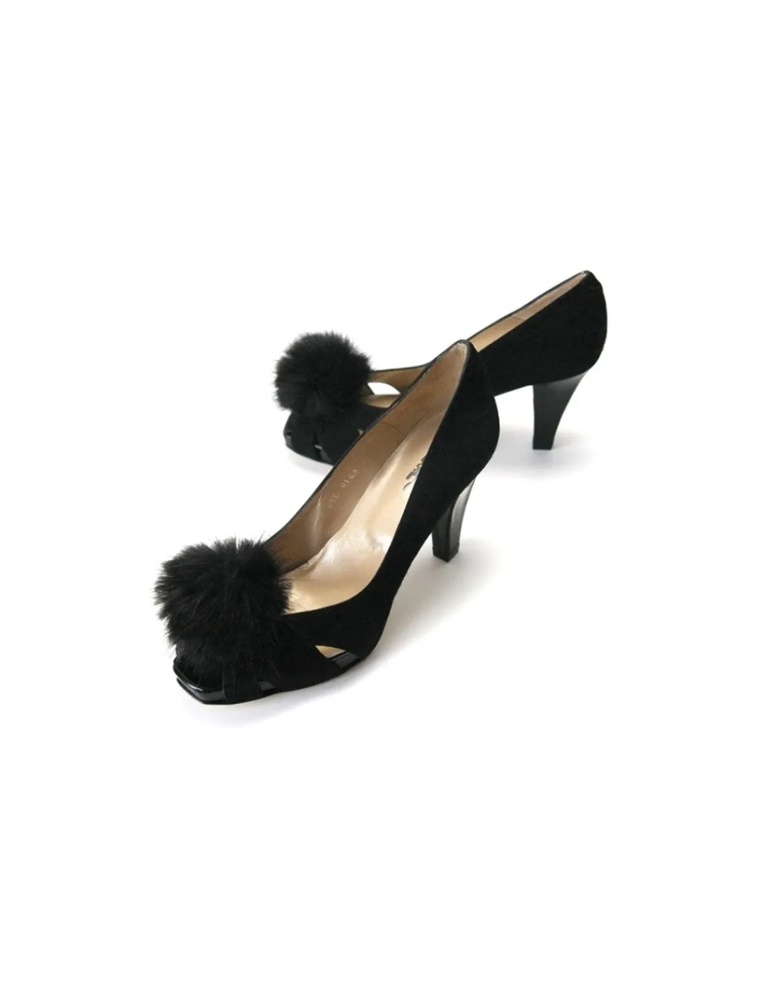 Damskie 100% Fe czolenka okazjonalne czarne zamszowe z pomponem z czarnego futerka