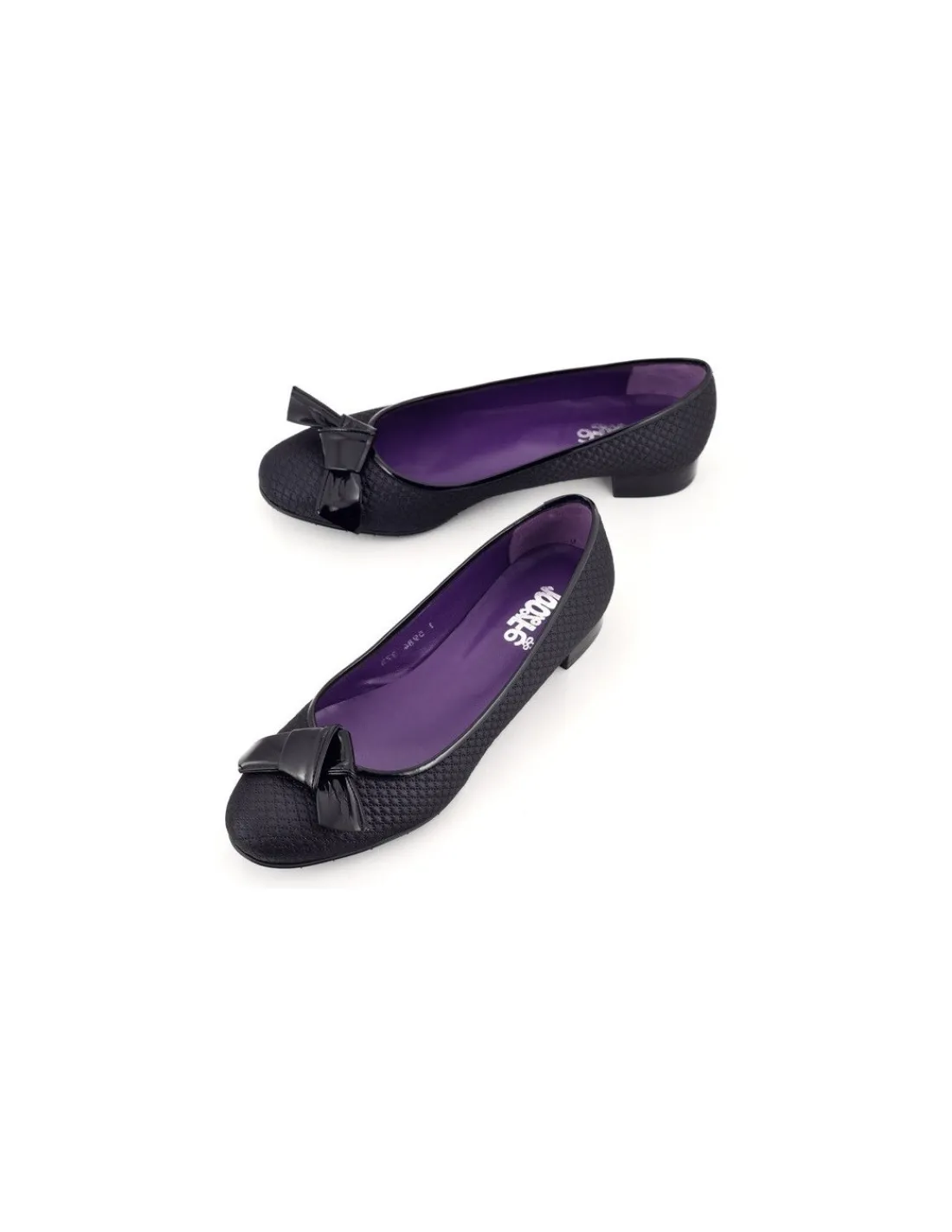 Damskie 100% Fe baleriny z lakierowana kokardka, czarna pikowana tkanina i naturalna skora