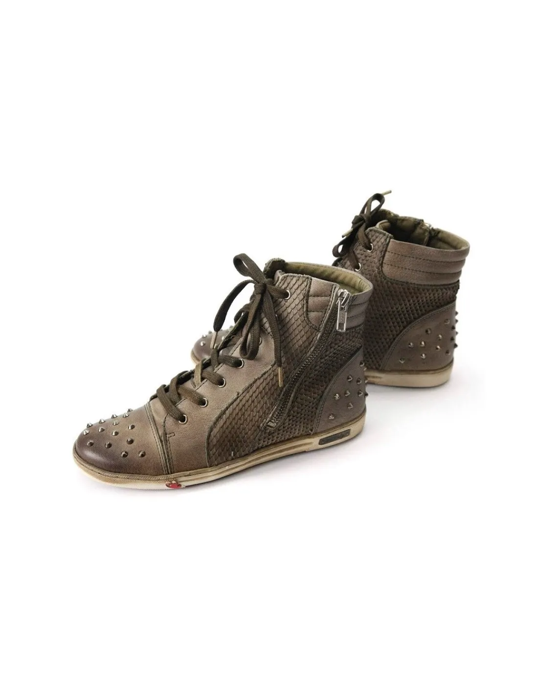 Damskie Felmini skorzane trampki w kolorze khaki, sznurowane z zamkami, nitami