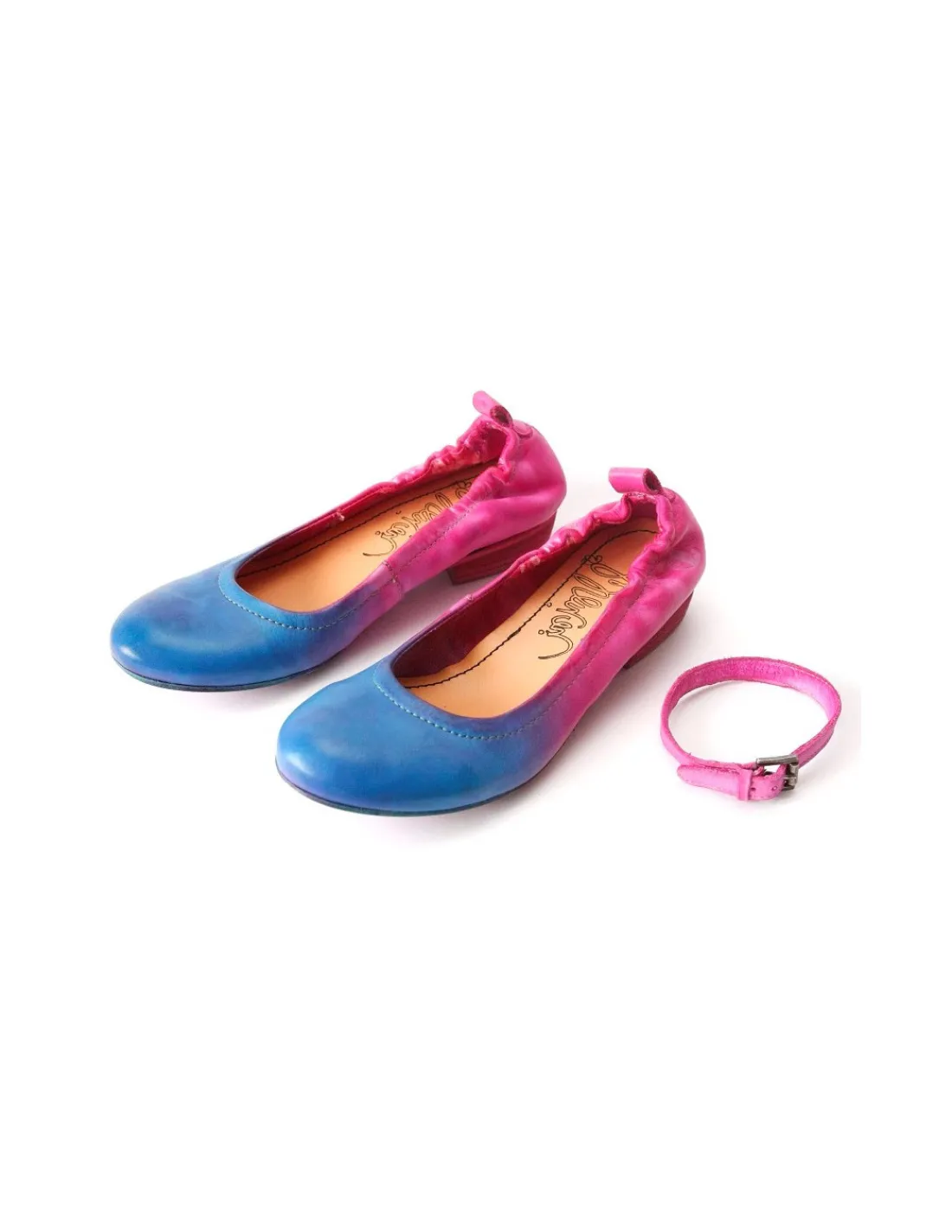 Damskie Felmini baleriny, naturalna skora recznie barwiona, blekitno rozowe degrade , z ruchomym paseczkiem