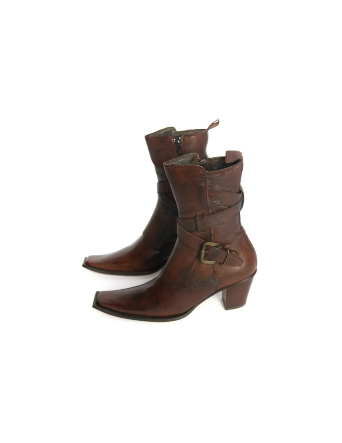 Damskie Fluxa botki skorzane brazowe na skorzanych zelowkach, obcasy kubanskie