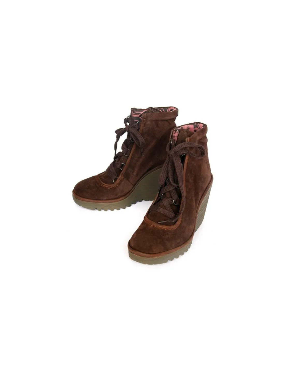 fly_london__botki_trzewik_3.webp Damskie Fly London botki, trzewiki sznurowane na koturnach, brazowy naturalny zamsz