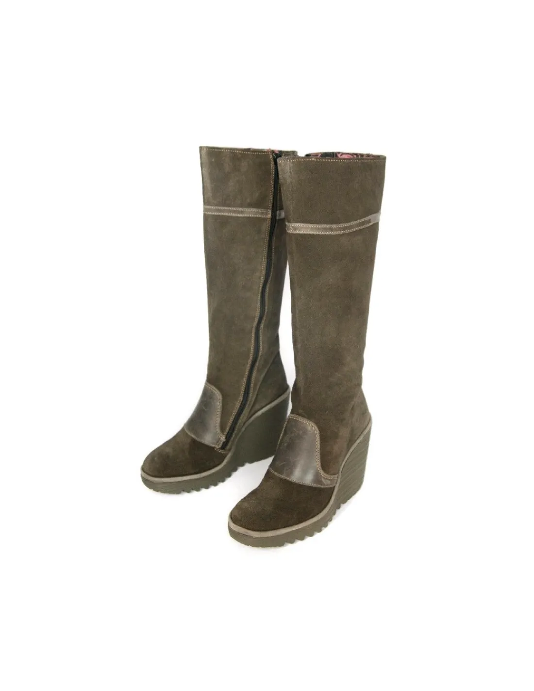 Damskie Fly London kozaki na koturnie z naturalnego zamszu i skory w kolorze khaki