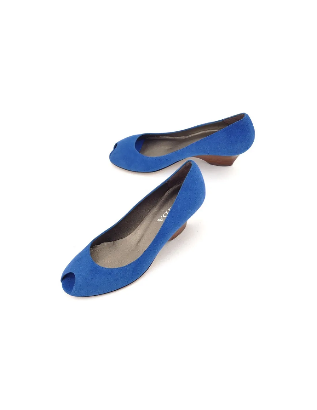 Damskie Frida czolenka open toe, niebieskie zamszowe na niewysokich obcasach