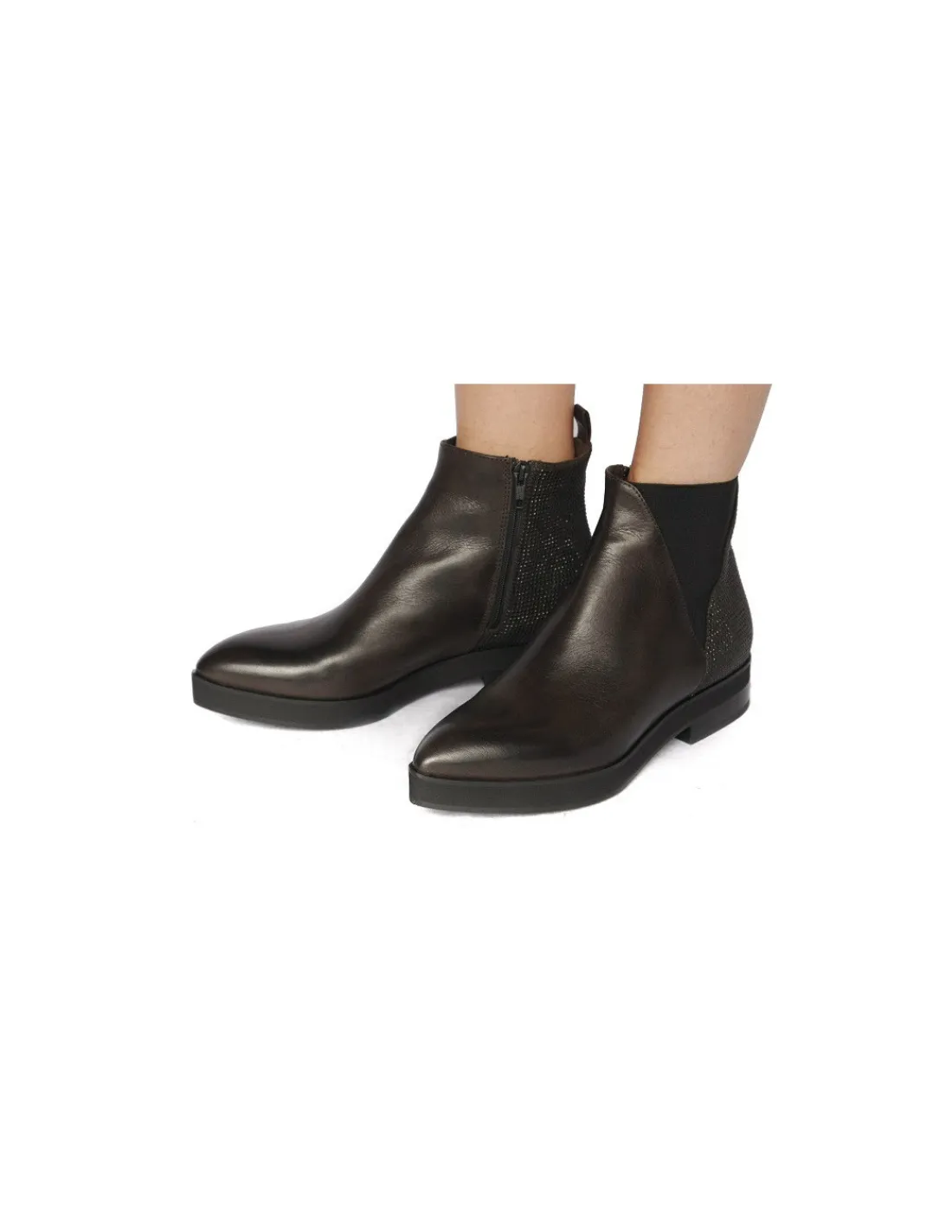 Damskie Fru.it botki sztyblety, brazowa naturalna skora, ozdobne krysztaly i boczny zamek