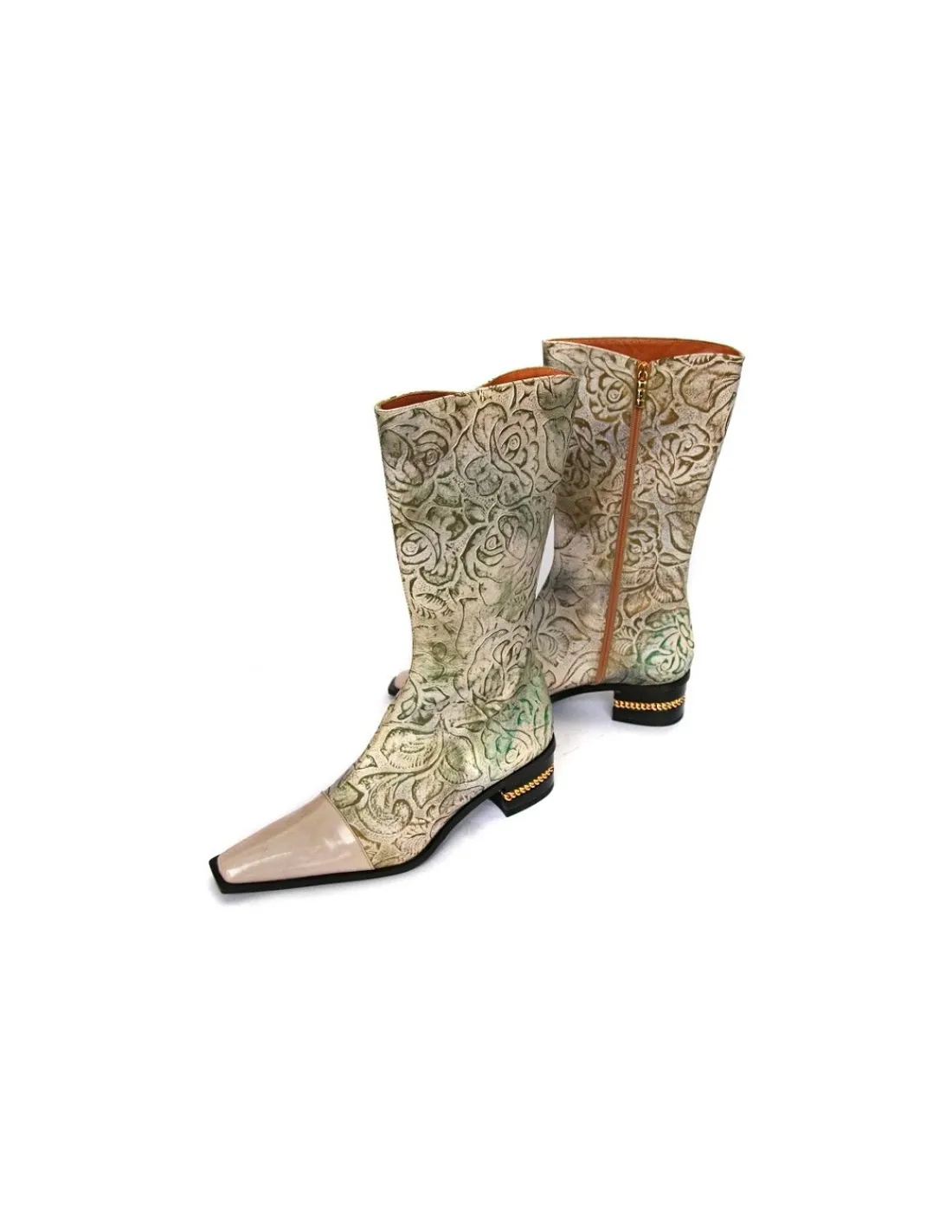 Damskie Gerardina di Maggio botki, kozaki 3/4 wysokosci lydki z naturalnych skor z antykowanym ornamentem