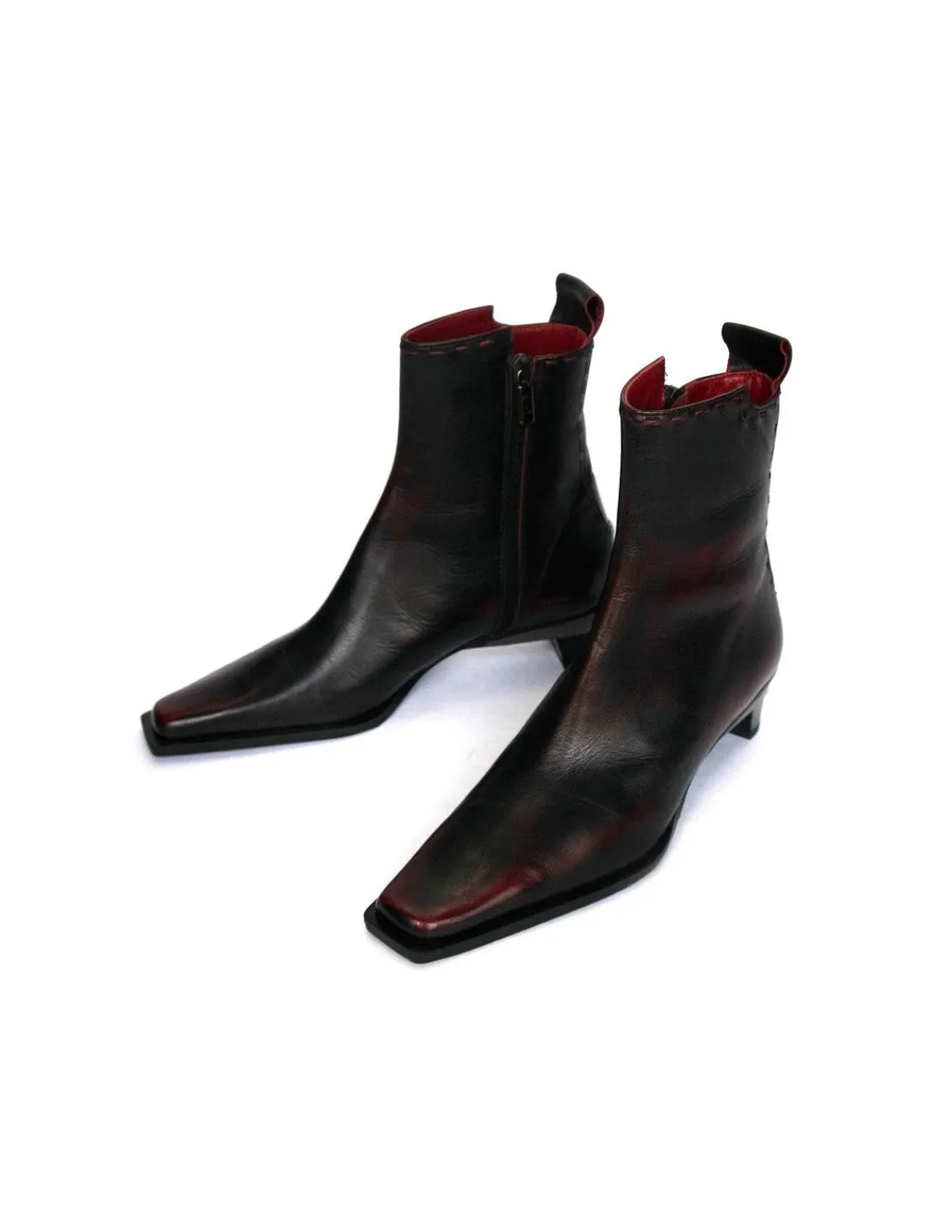 Damskie Gerardina di Maggio botki z naturalnej skory czarno- bordowej i niskich metalicznych obcasach