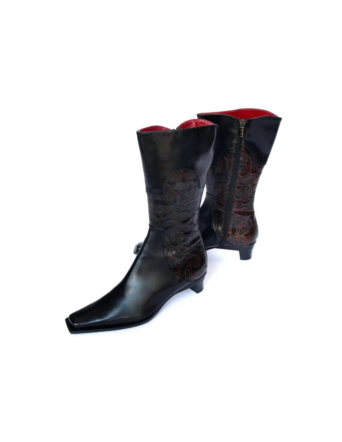 gerardina_di_maggio__botk_3-1.webp Damskie Gerardina di Maggio botki, kozaki do wysokosci 3/4 lydki z naturalnej skory z tloczonym kwiatowym wzorem