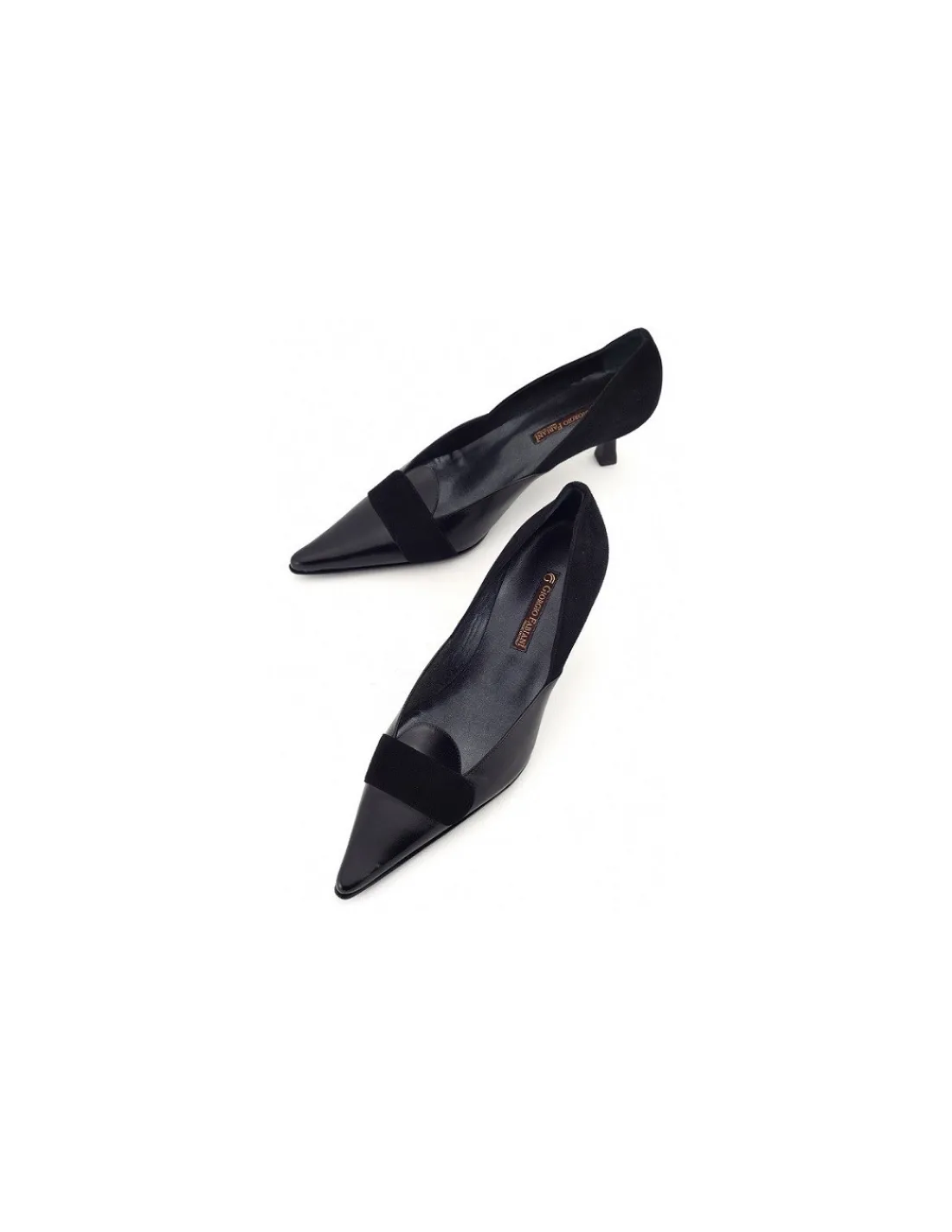 Damskie Giorgio Fabiani czolenka, czarna skora licowa i zamsz na niskich szpilkach, efektowna klasyka