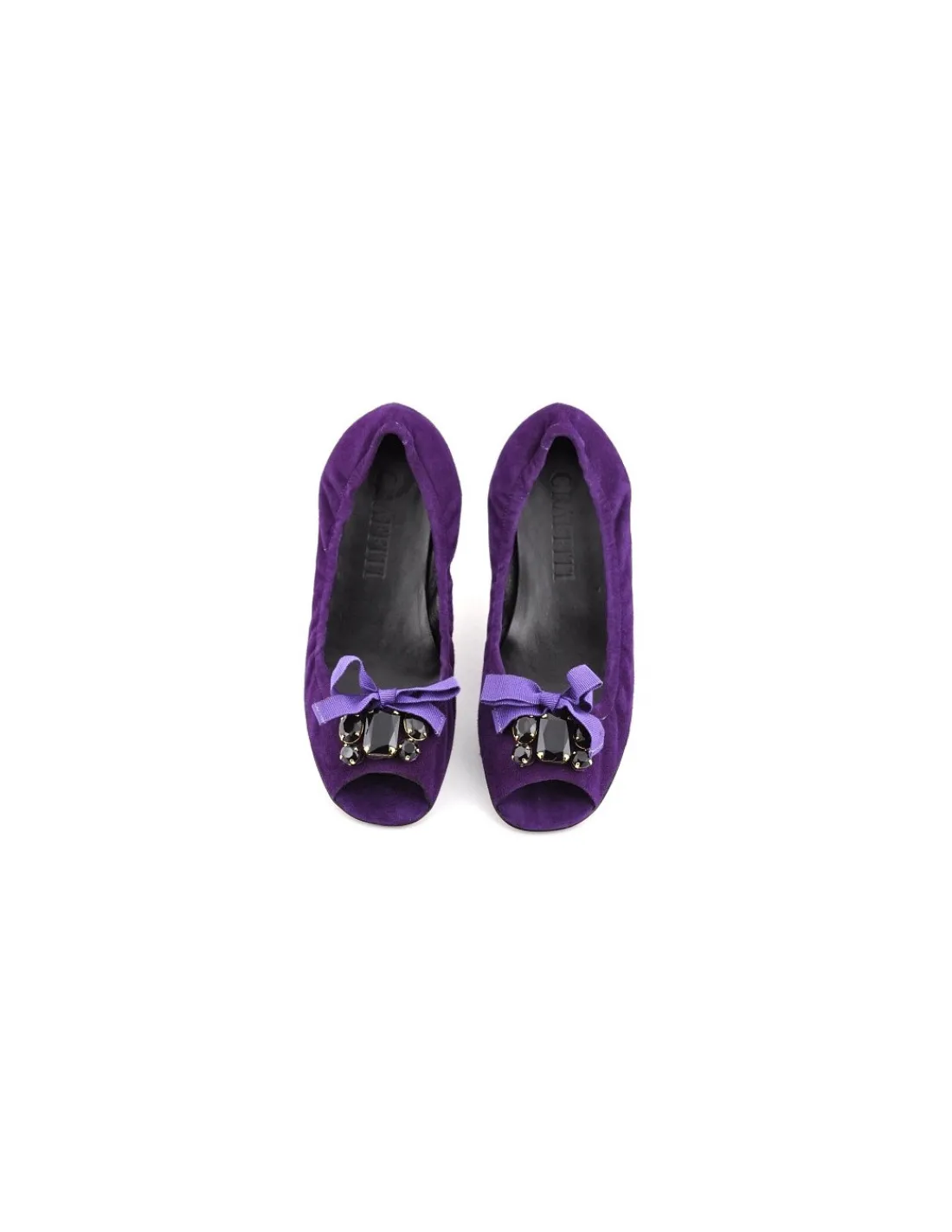 Damskie Graffiti baleriny open toe z fioletowego zamszu z kamieniami i kokardka