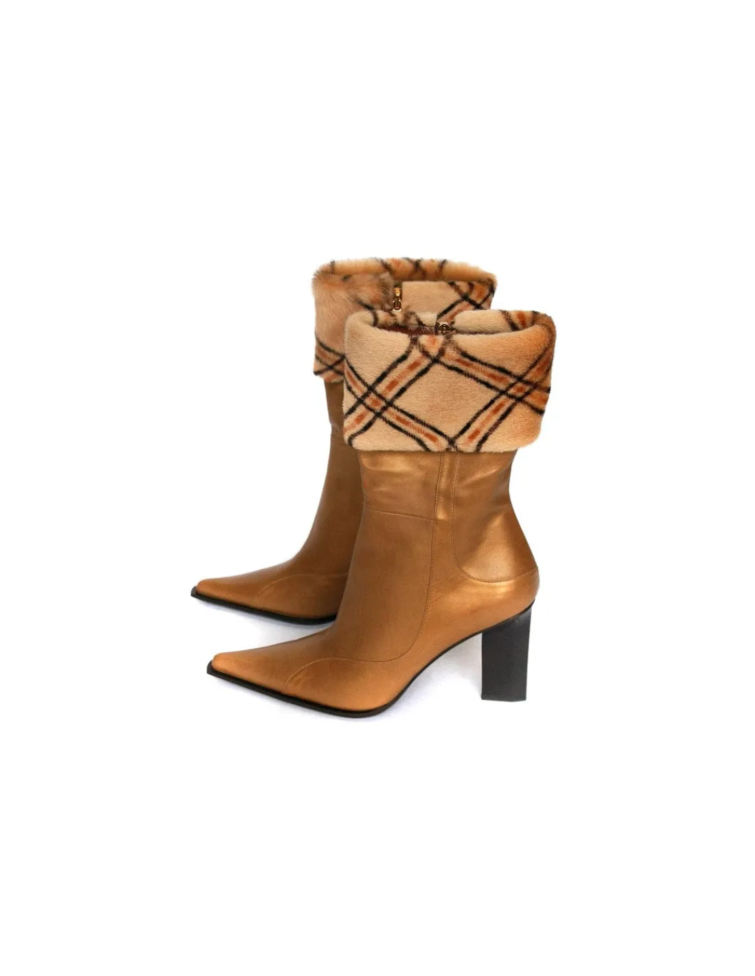 Damskie Guido Sgariglia kozaki, botki skora naturalna zloty bez i opaska z futra w kratke, nosek w szpic, obcasy wysokie