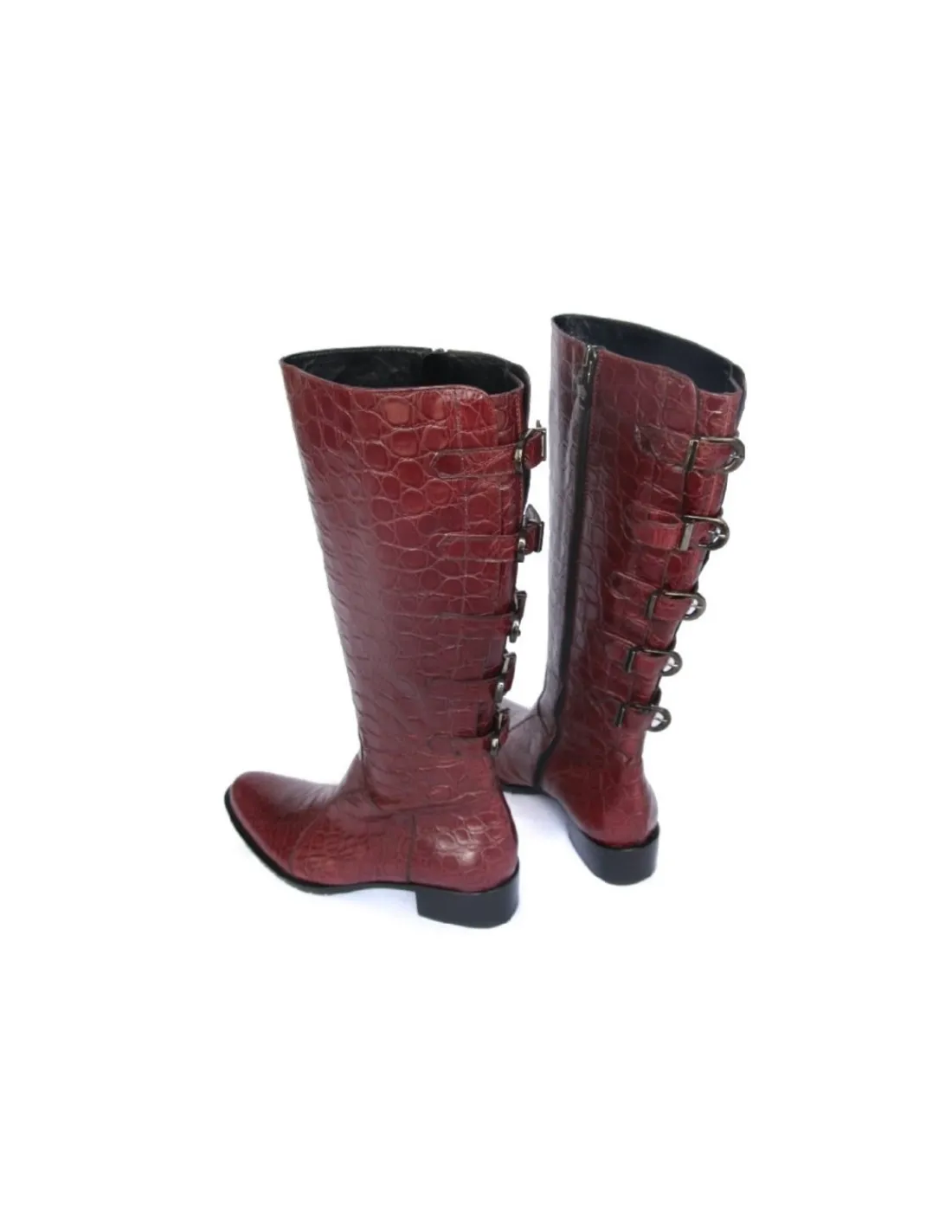 Damskie Guido Sgariglia kozaki z zamkiem, skora bordo z tloczeniem wzoru croco i ozdobne klamerki wzdluz linii piety