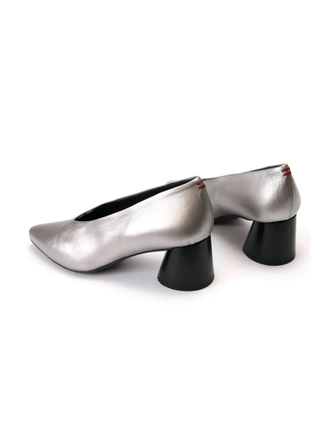 Damskie Halmanera czolenka srebrne skorzane metaliczne i stabilne czarne geometryczne obcasy