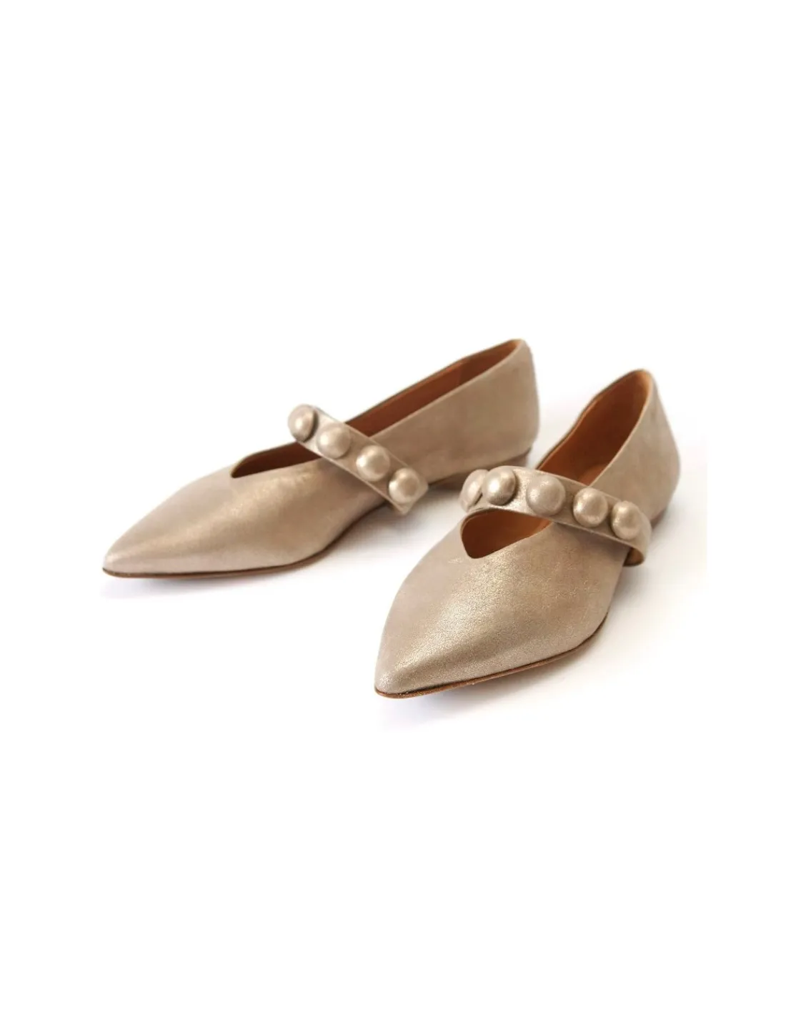 Damskie Halmanera baleriny z paskiem jak Mary Jane, zlota skora satynowa i miekka, nosek w szpic