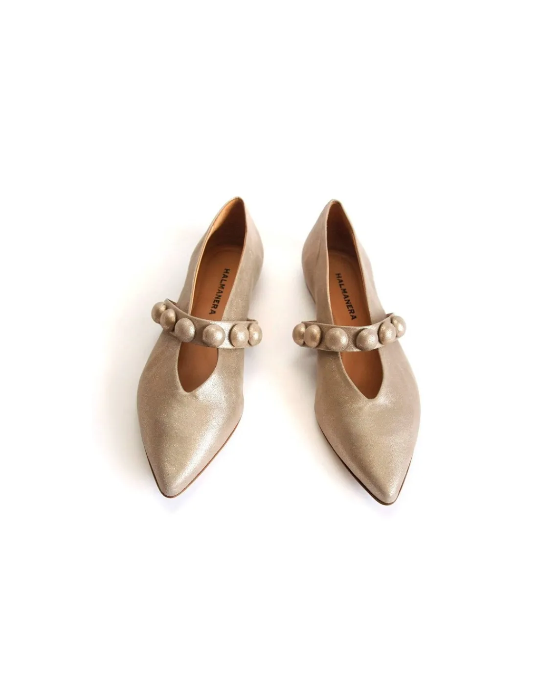 Damskie Halmanera baleriny z paskiem jak Mary Jane, zlota skora satynowa i miekka, nosek w szpic