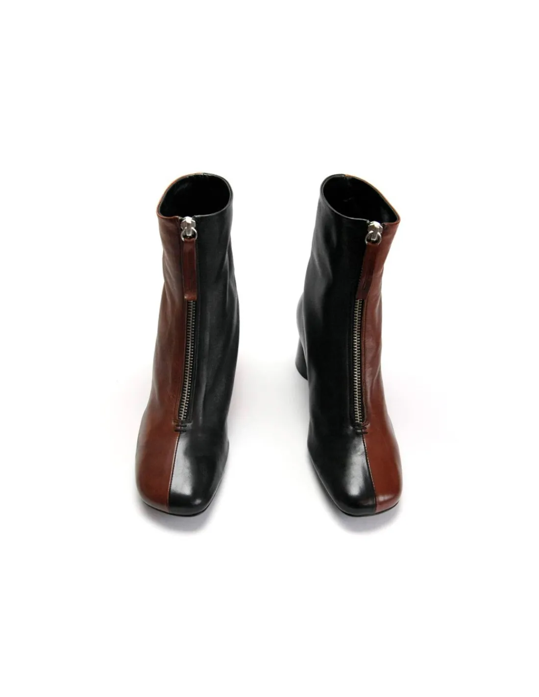 Damskie Halmanera botki, brazowo czarne skorzane symetryczne kolory z zameczkiem, stabilne piekne obcasy