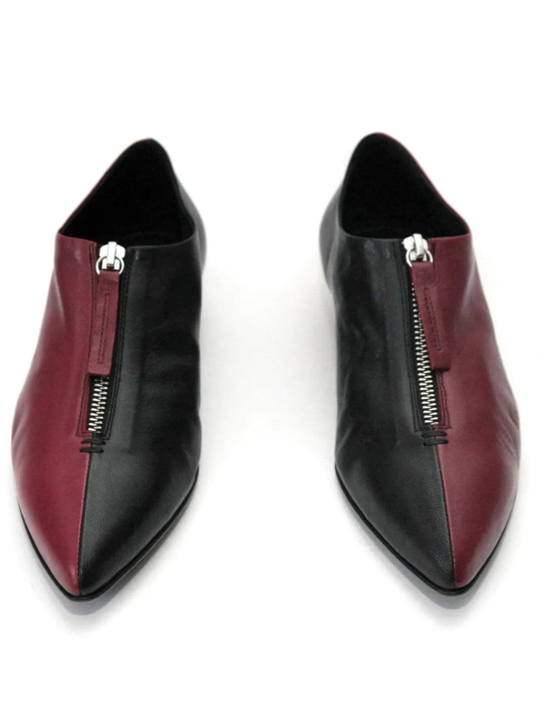 Damskie Halmanera polbuty jak cizemki z zameczkiem, skorzane pol na pol bordowo-czarne na niskich kubanskich obcasach