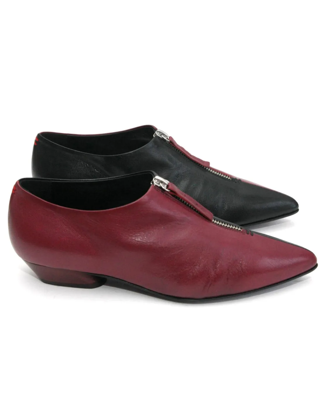 Damskie Halmanera polbuty jak cizemki z zameczkiem, skorzane pol na pol bordowo-czarne na niskich kubanskich obcasach