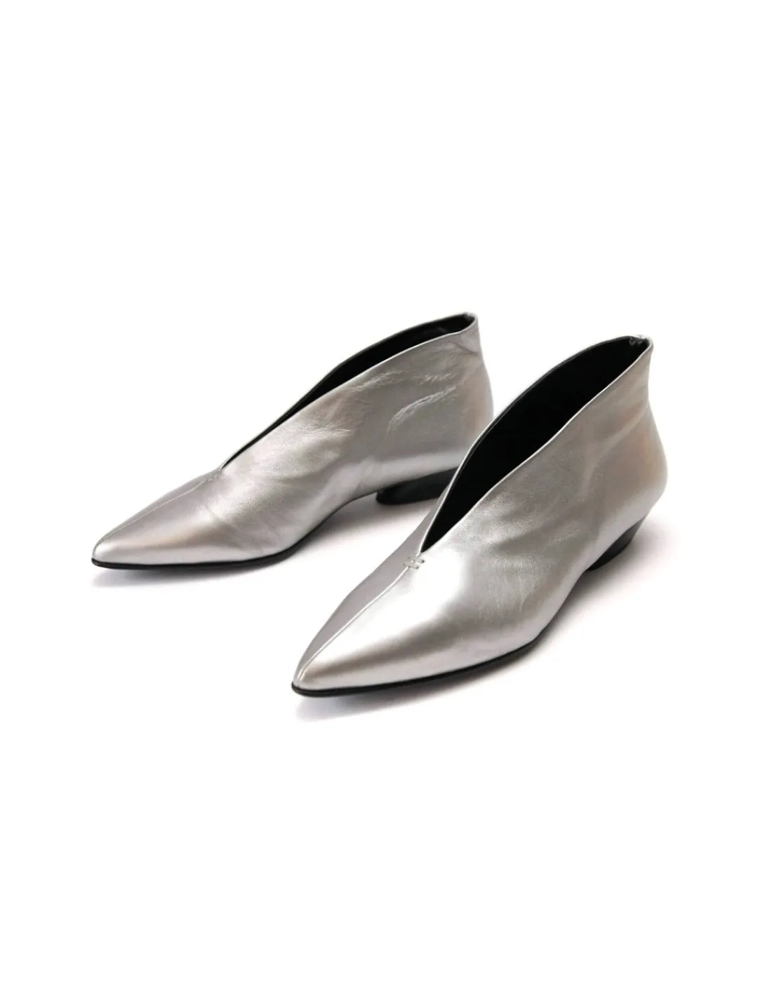 Damskie Halmanera polbuty wsuwane, srebrna metaliczna skora, unikatowe, niskie ciekawe obcasy