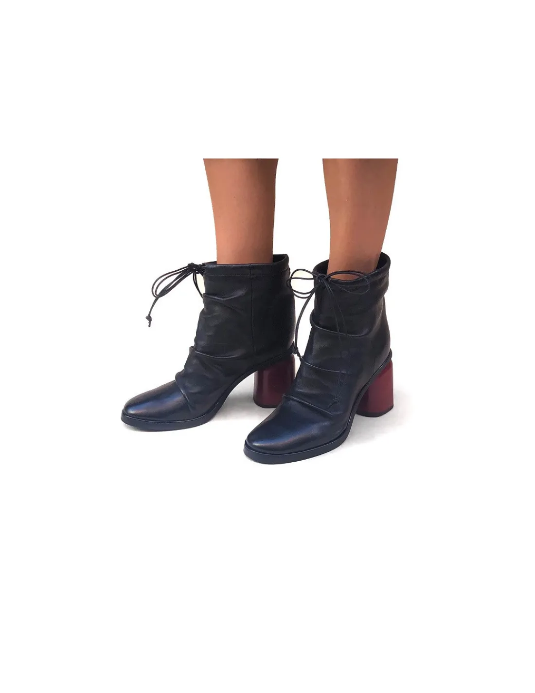 Damskie Halmanera botki wsuwane, naturalna czarna owcza skora i czerwone obcasy, unikatowe