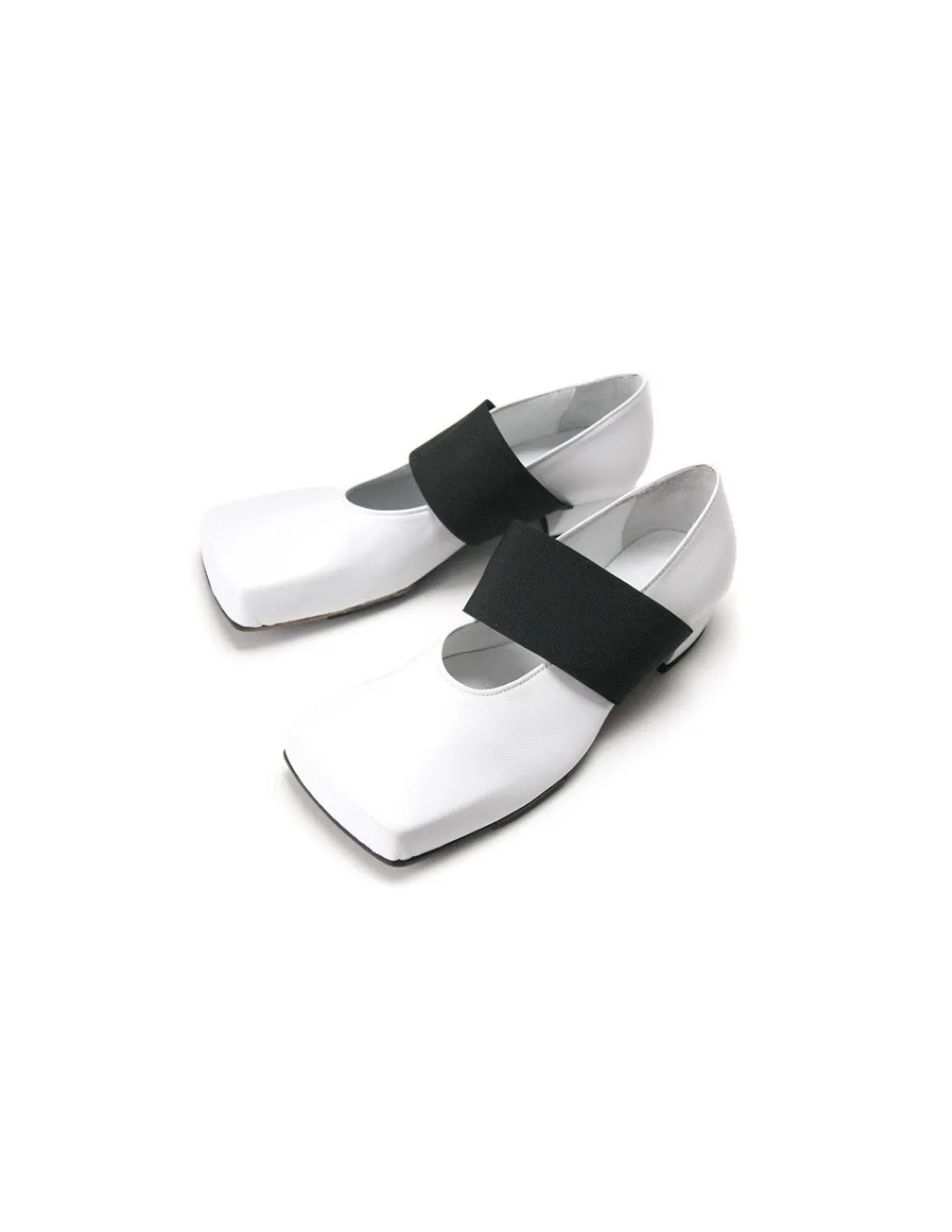 Damskie Hand Made baleriny w typie Mary Jane biale skorzane z czarna guma, unikatowe