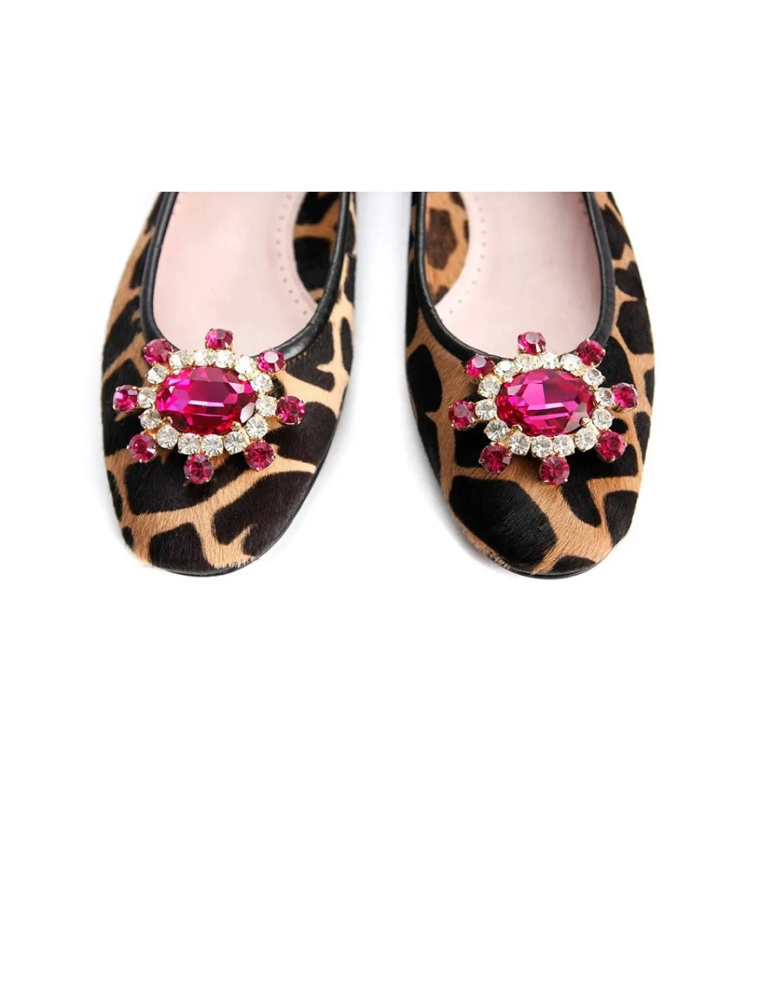 Damskie Hand Made baleriny z naturalnej skory z wlosiem z printem panterki i Swarovski