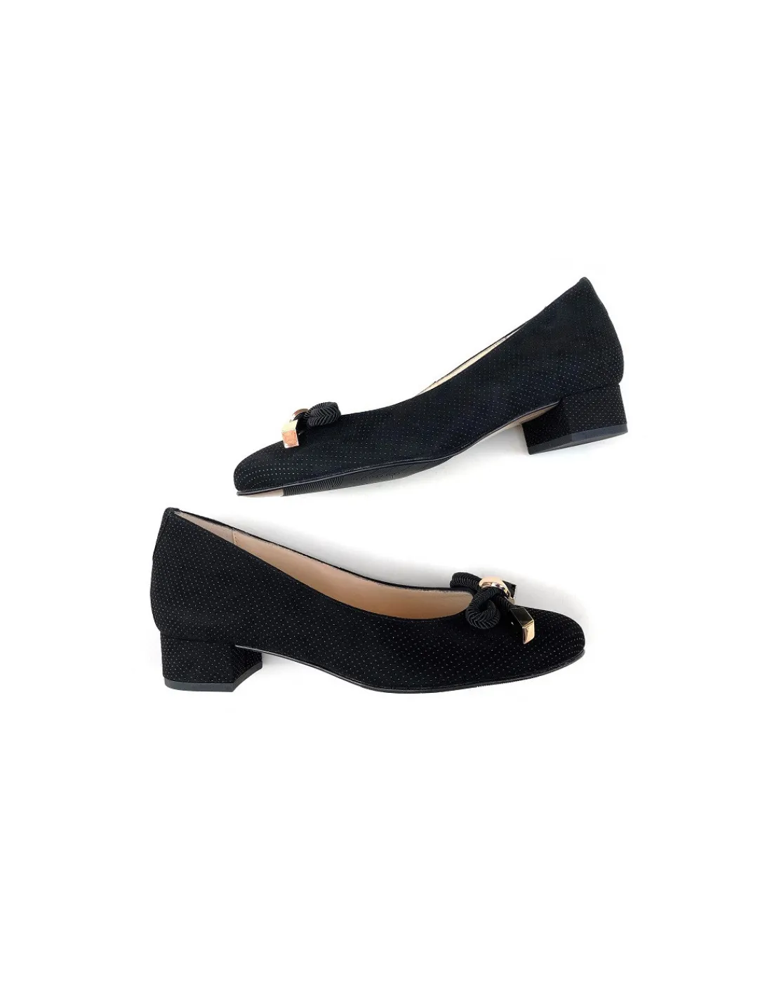 hassia__czarne_skorzane_c_6.webp Damskie Hassia czarne skorzane czolenka na niskich obcasach, kokardka i zlote okucia