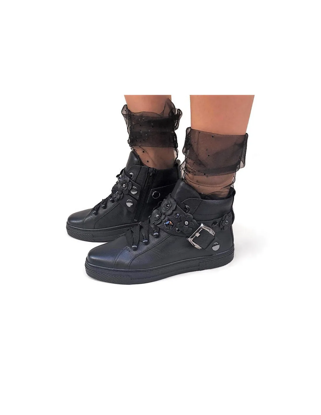 Damskie Hassia sneakers do kostek skorzane czarne, dopinane paski z elementami Swarovski