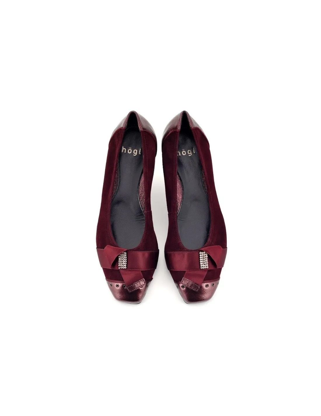 Damskie HOGL baleriny zamszowe w kolorze czerwonego wina, jedwabna wstazka i krysztaly Swarovski
