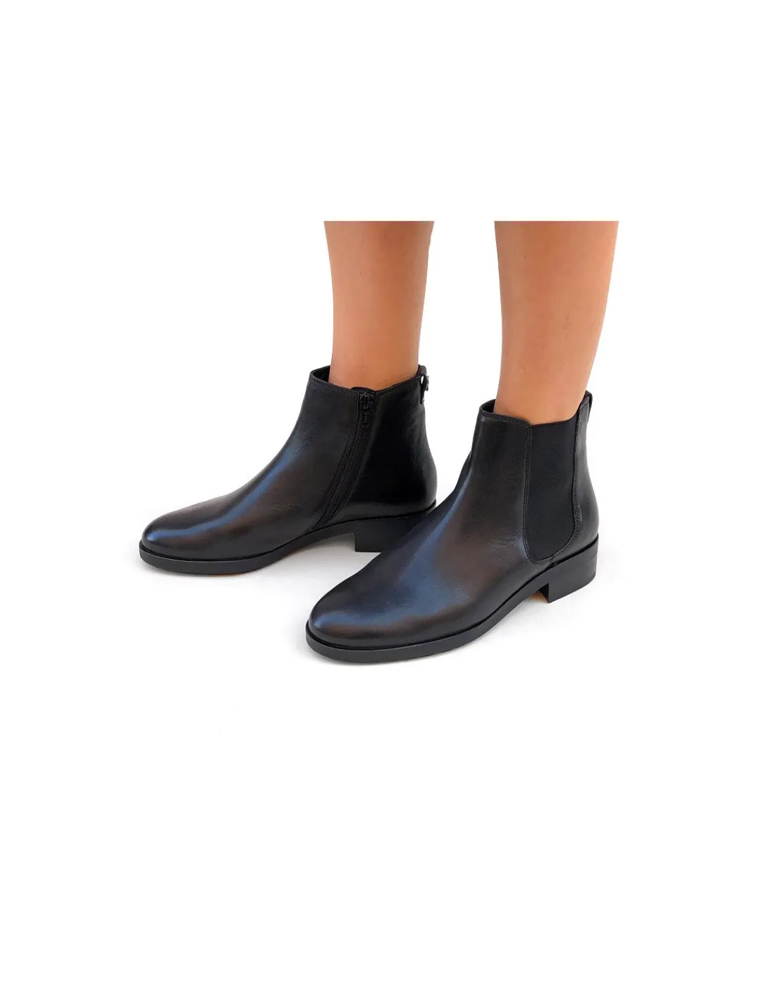 Damskie HOGL botki sztyblety ale z zamkiem, skorzane czarne na plaskich gumowych zelowkach, klasyka